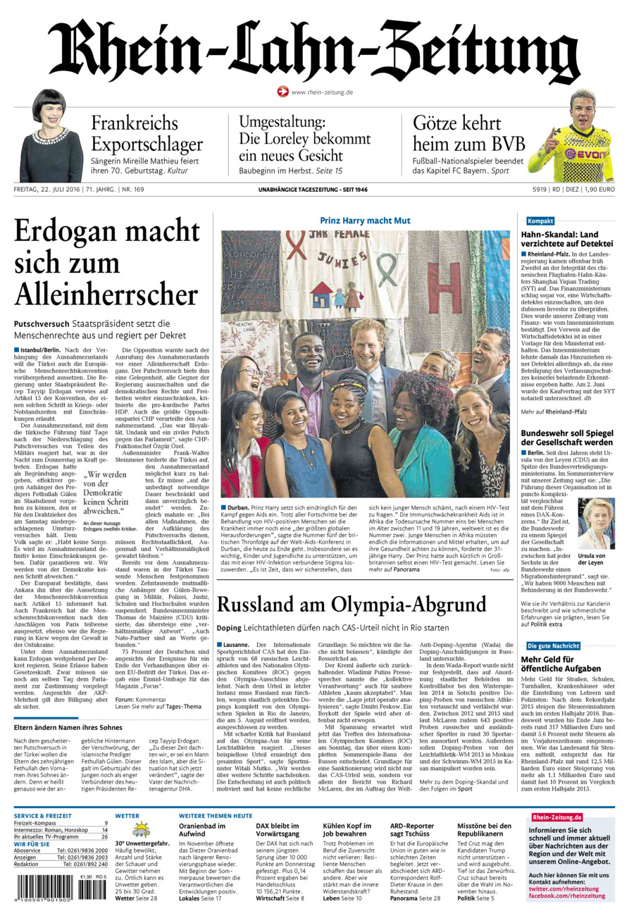 Rhein-Lahn-Zeitung Diez (Archiv) vom Freitag, 22.07.2016