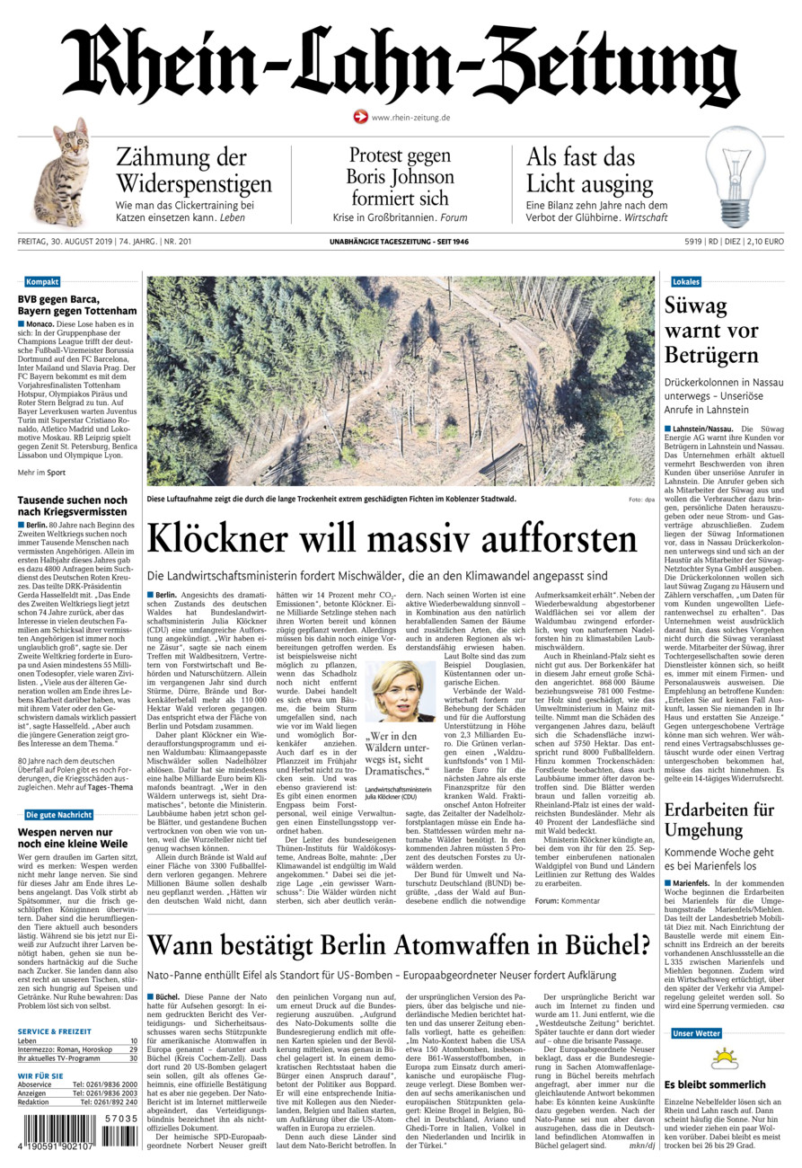 Rhein-Lahn-Zeitung Diez (Archiv) vom Freitag, 30.08.2019
