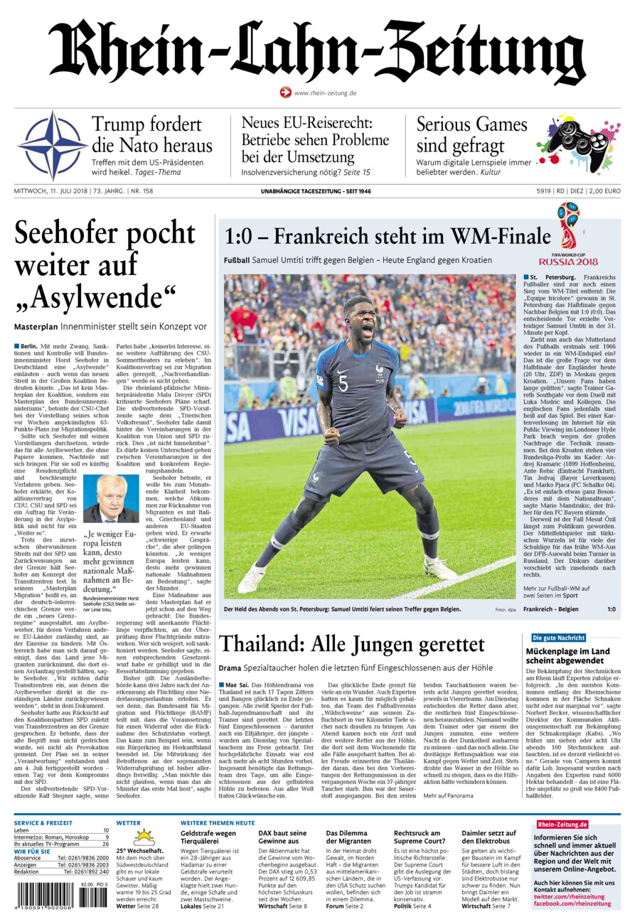 Rhein-Lahn-Zeitung Diez (Archiv) vom Mittwoch, 11.07.2018