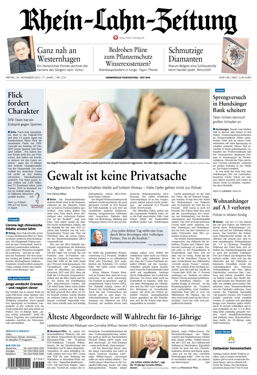 Rhein-Lahn-Zeitung Diez (Archiv) vom Freitag, 25.11.2022