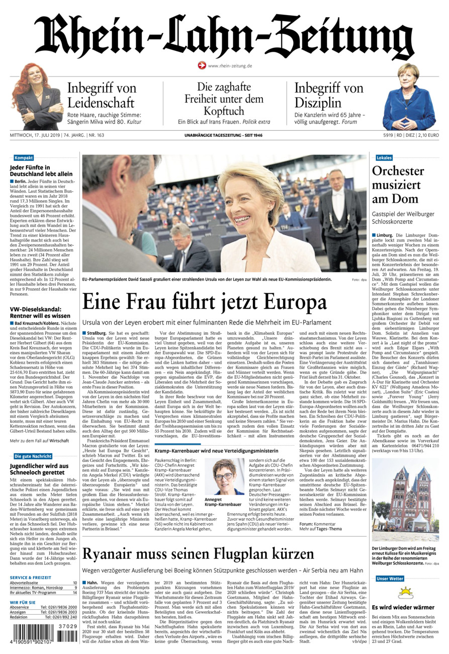 Rhein-Lahn-Zeitung Diez (Archiv) vom Mittwoch, 17.07.2019