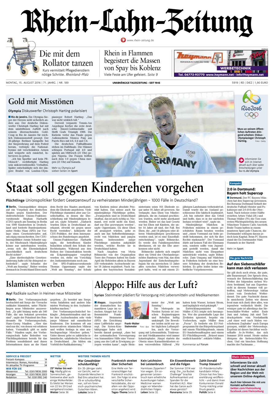 Rhein-Lahn-Zeitung Diez (Archiv) vom Montag, 15.08.2016