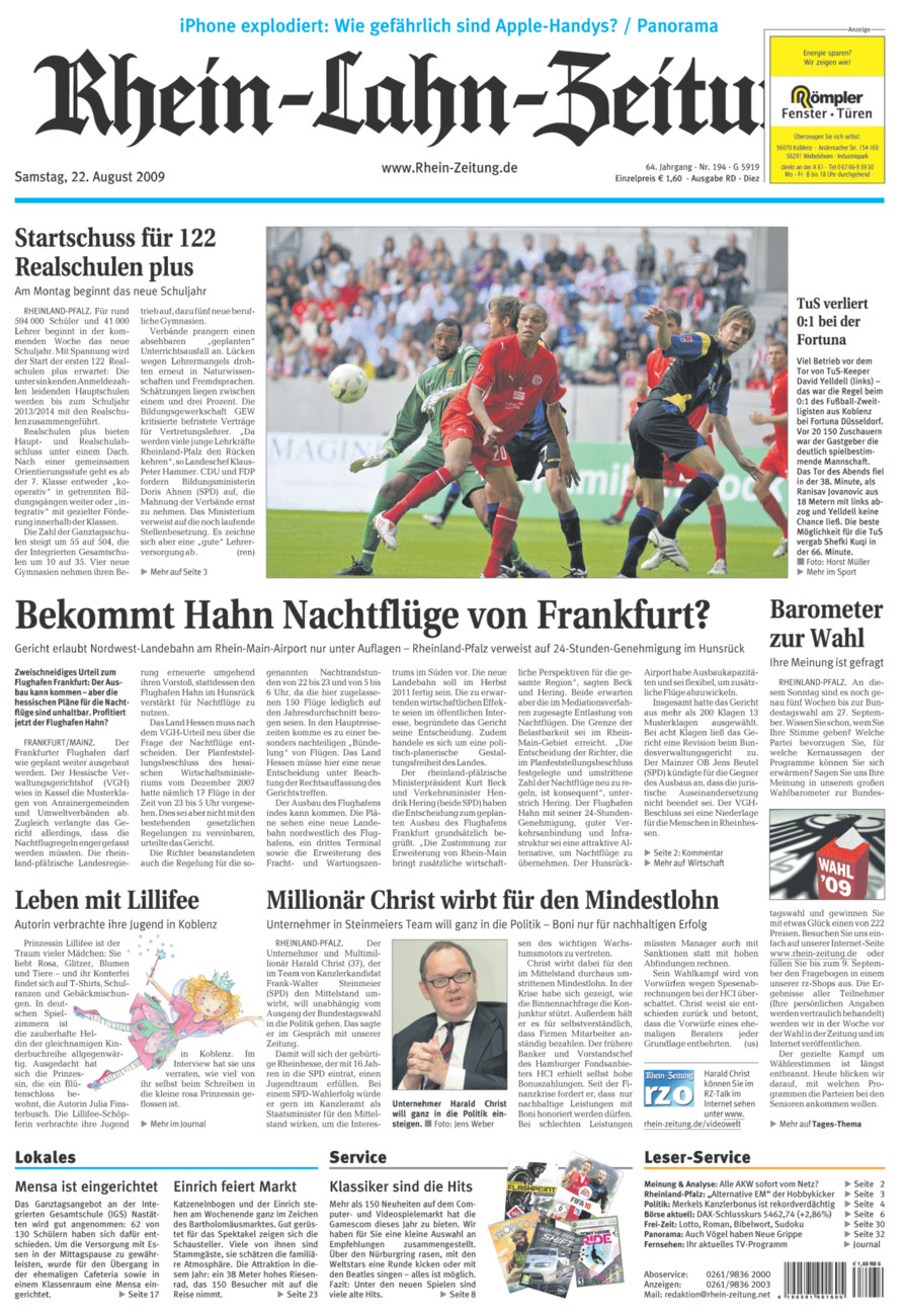 Rhein-Lahn-Zeitung Diez (Archiv) vom Samstag, 22.08.2009