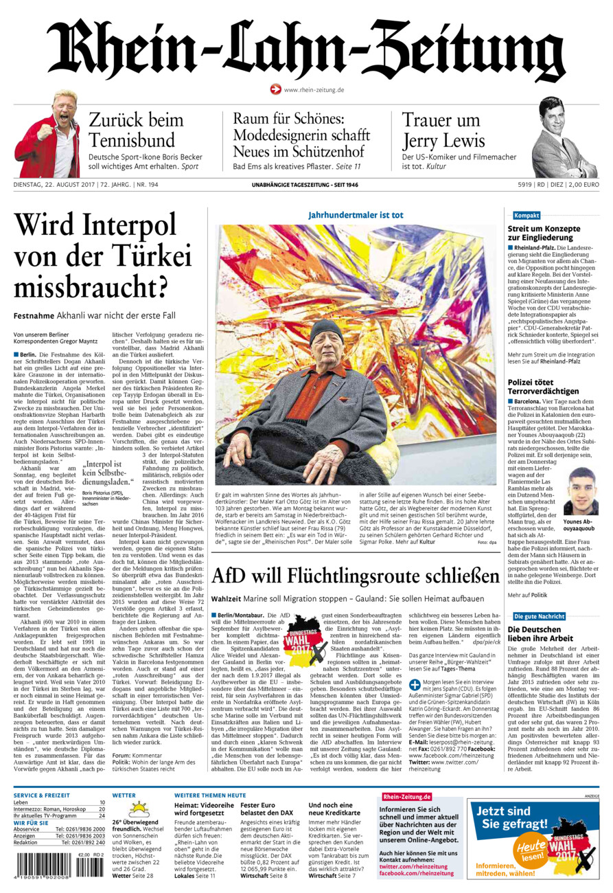 Rhein-Lahn-Zeitung Diez (Archiv) vom Dienstag, 22.08.2017