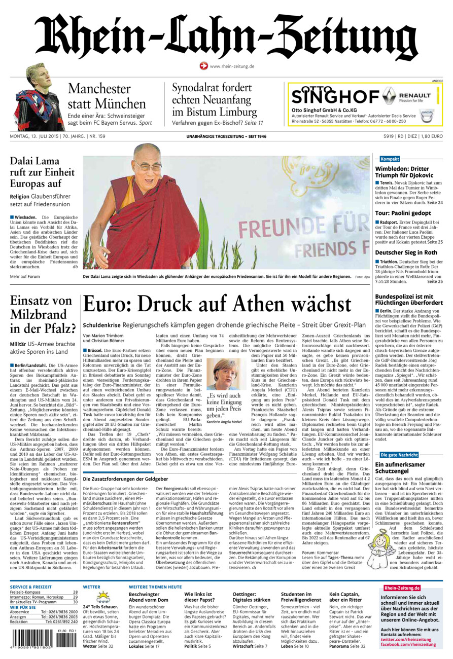 Rhein-Lahn-Zeitung Diez (Archiv) vom Montag, 13.07.2015