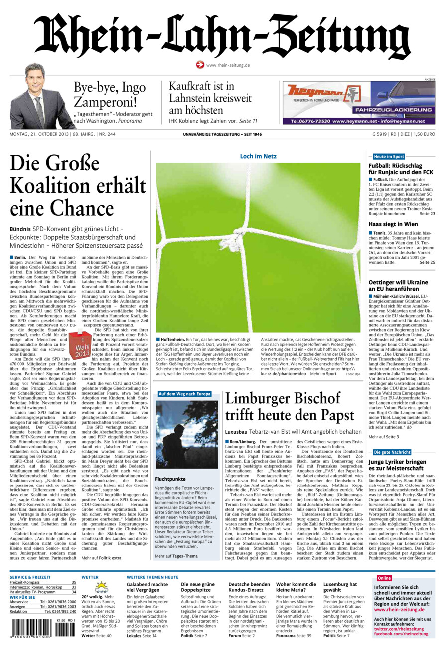 Rhein-Lahn-Zeitung Diez (Archiv) vom Montag, 21.10.2013