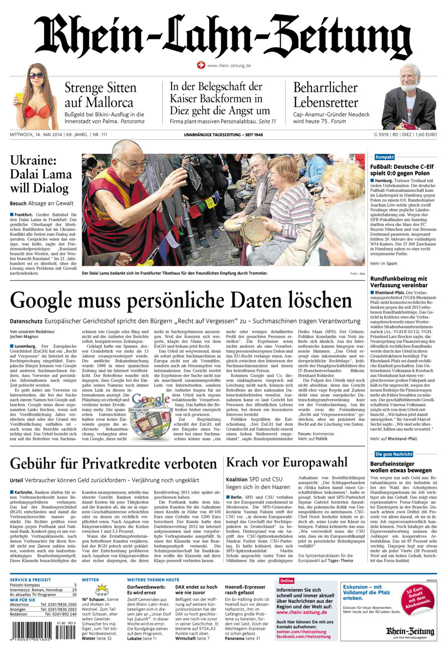 Rhein-Lahn-Zeitung Diez (Archiv) vom Mittwoch, 14.05.2014