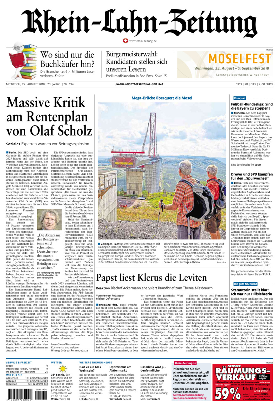 Rhein-Lahn-Zeitung Diez (Archiv) vom Mittwoch, 22.08.2018