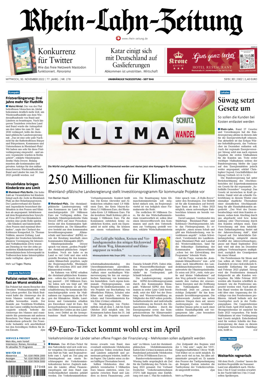 Rhein-Lahn-Zeitung Diez (Archiv) vom Mittwoch, 30.11.2022