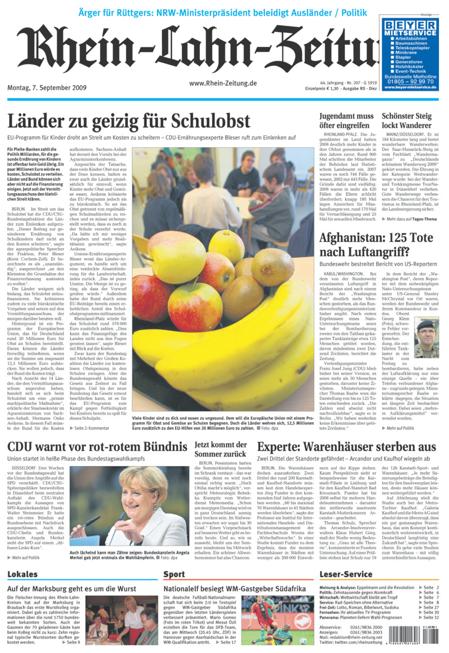Rhein-Lahn-Zeitung Diez (Archiv) vom Montag, 07.09.2009