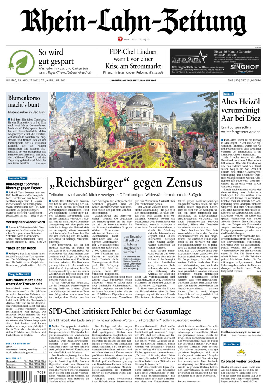 Rhein-Lahn-Zeitung Diez (Archiv) vom Montag, 29.08.2022