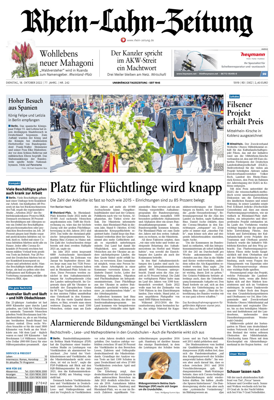 Rhein-Lahn-Zeitung Diez (Archiv) vom Dienstag, 18.10.2022