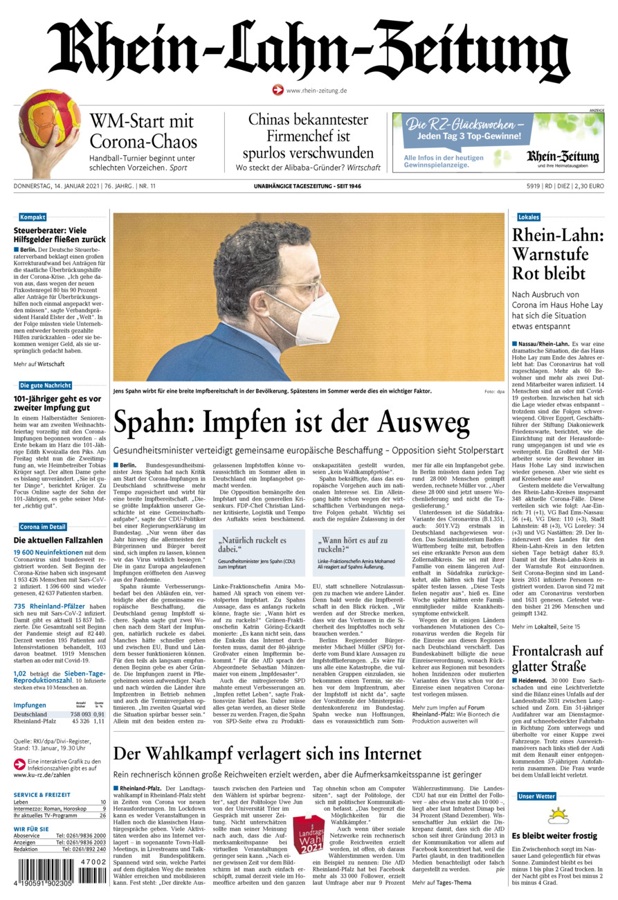 Rhein-Lahn-Zeitung Diez (Archiv) vom Donnerstag, 14.01.2021