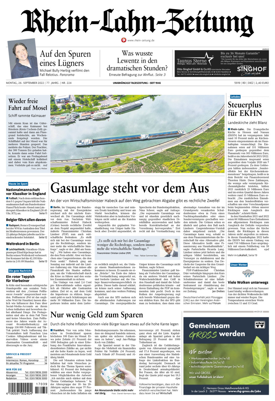 Rhein-Lahn-Zeitung Diez (Archiv) vom Montag, 26.09.2022