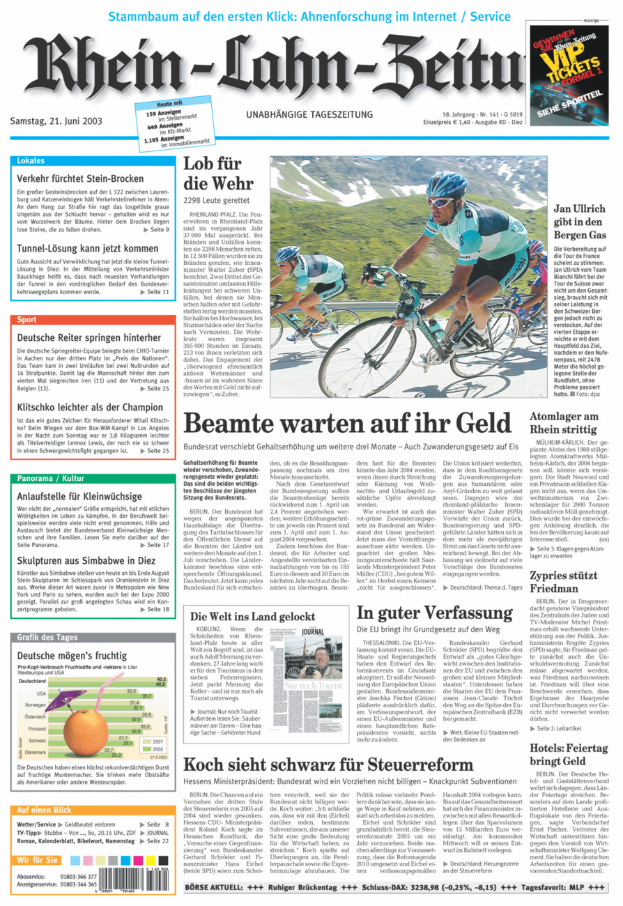 Rhein-Lahn-Zeitung Diez (Archiv) vom Samstag, 21.06.2003
