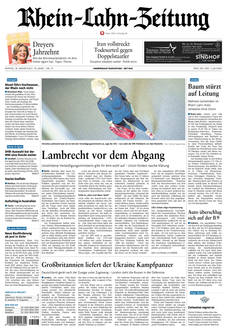 Rhein-Lahn-Zeitung Diez (Archiv) vom Montag, 16.01.2023