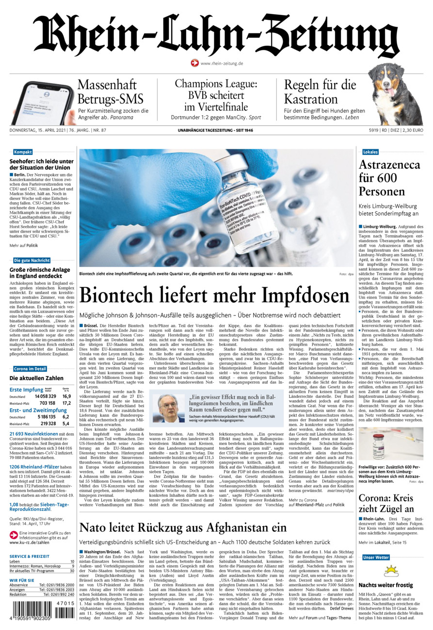 Rhein-Lahn-Zeitung Diez (Archiv) vom Donnerstag, 15.04.2021