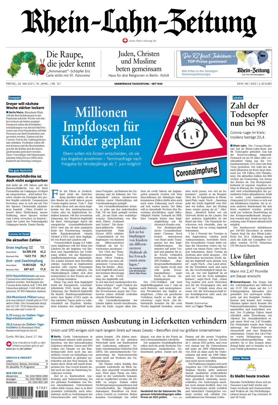 Rhein-Lahn-Zeitung Diez (Archiv) vom Freitag, 28.05.2021