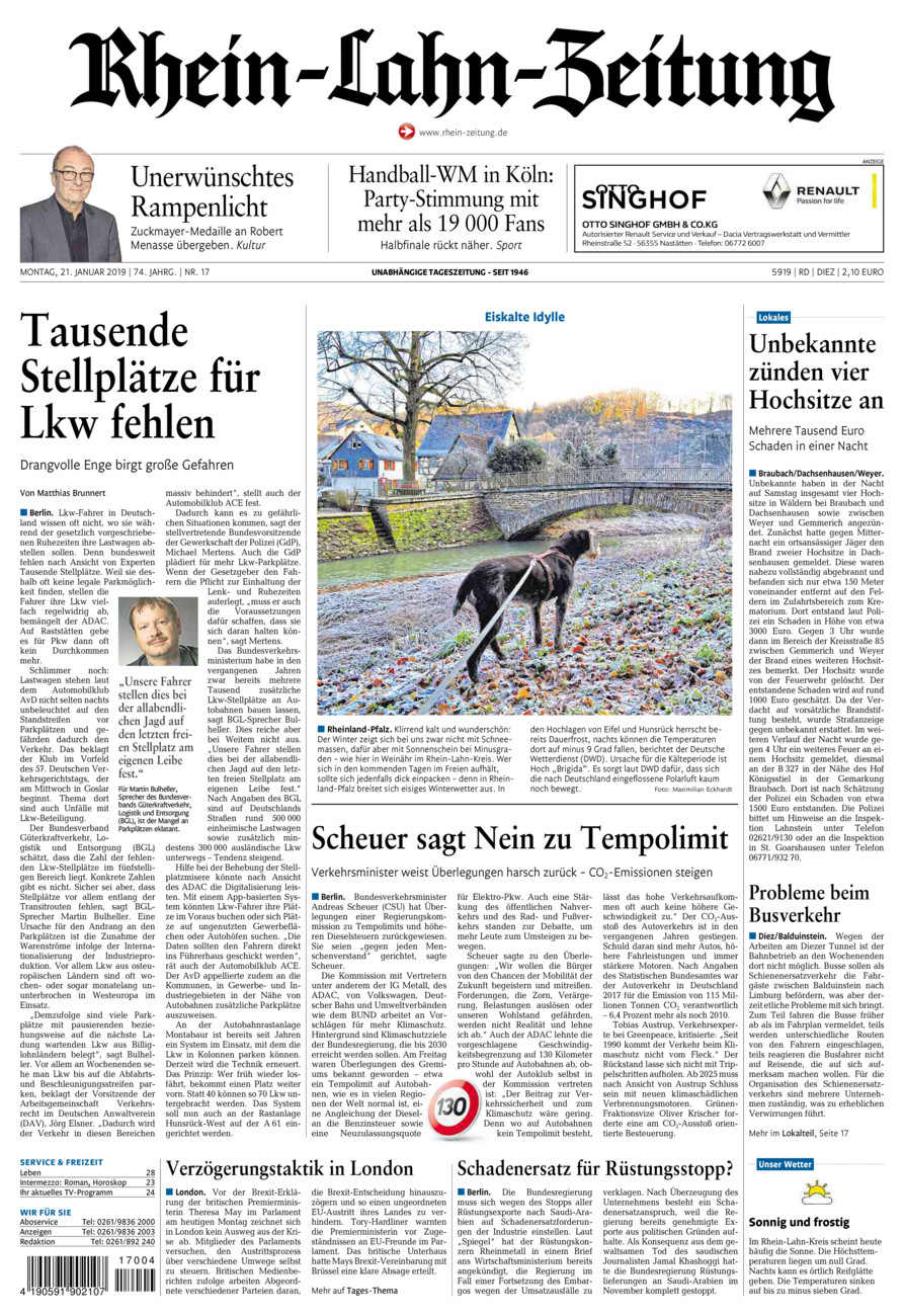 Rhein-Lahn-Zeitung Diez (Archiv) vom Montag, 21.01.2019