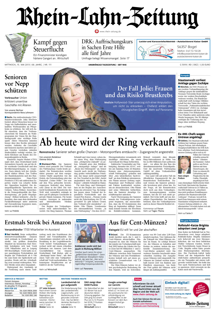 Rhein-Lahn-Zeitung Diez (Archiv) vom Mittwoch, 15.05.2013