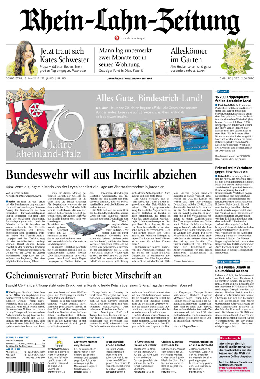 Rhein-Lahn-Zeitung Diez (Archiv) vom Donnerstag, 18.05.2017