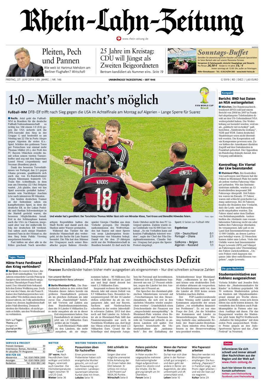 Rhein-Lahn-Zeitung Diez (Archiv) vom Freitag, 27.06.2014