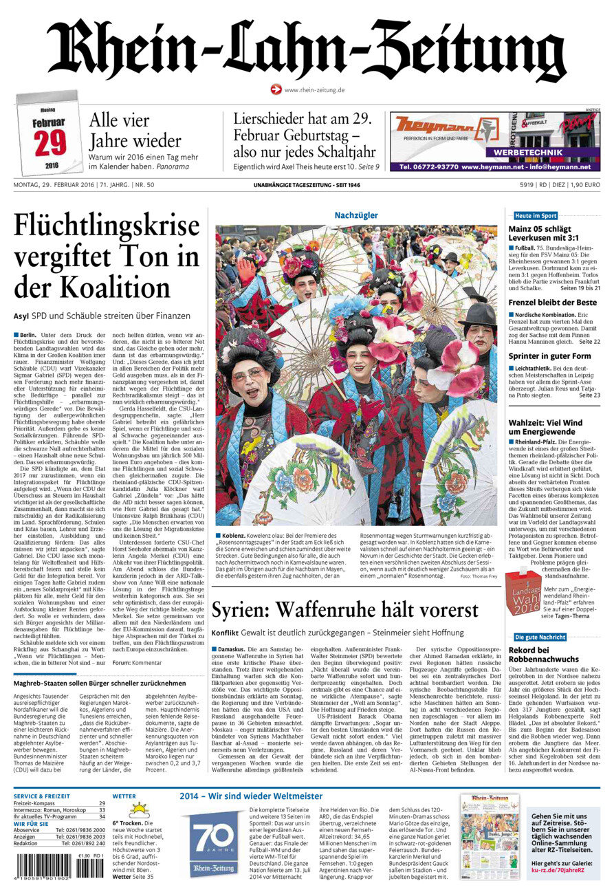 Rhein-Lahn-Zeitung Diez (Archiv) vom Montag, 29.02.2016