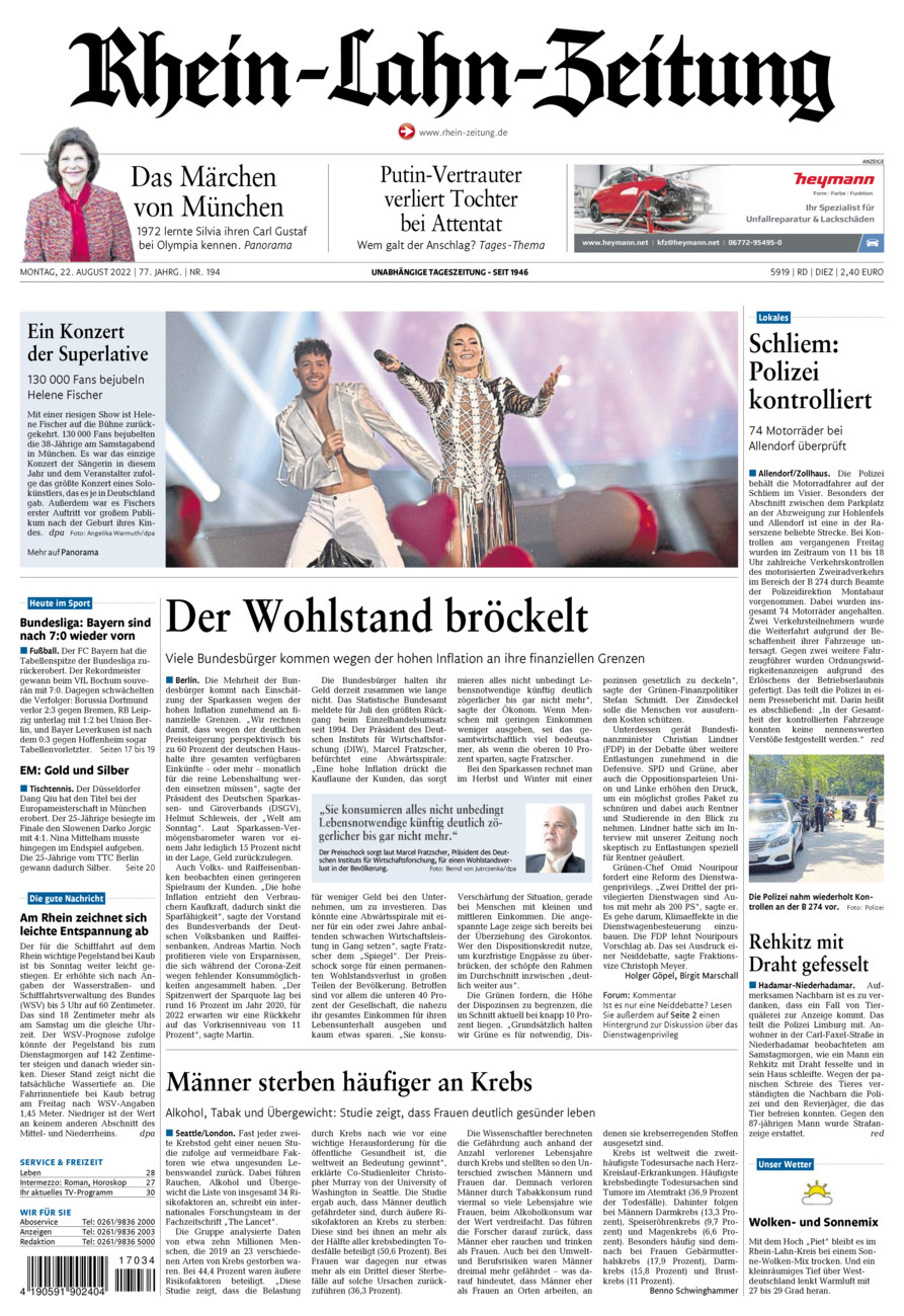 Rhein-Lahn-Zeitung Diez (Archiv) vom Montag, 22.08.2022