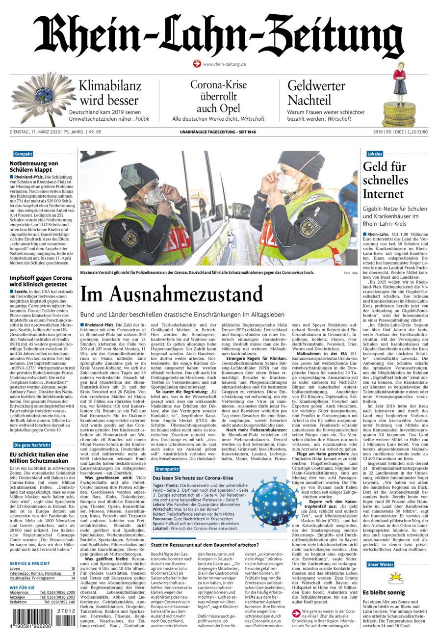 Rhein-Lahn-Zeitung Diez (Archiv) vom Dienstag, 17.03.2020