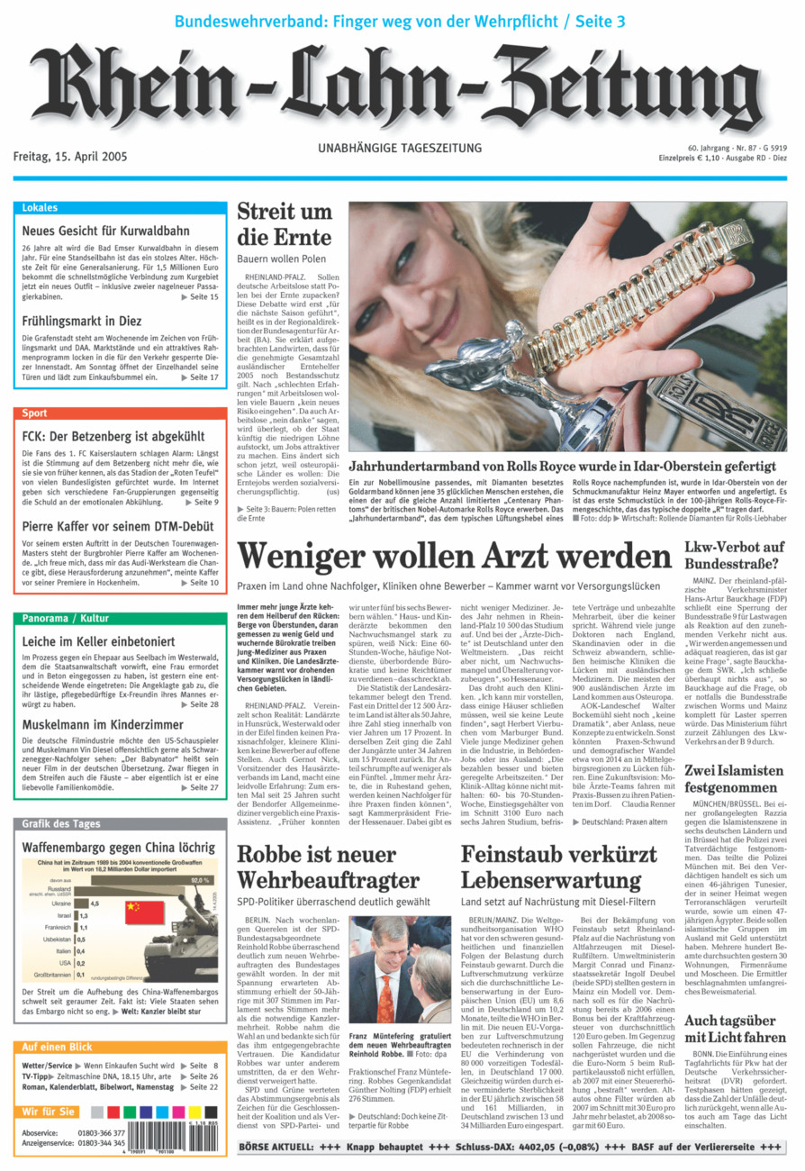 Rhein-Lahn-Zeitung Diez (Archiv) vom Freitag, 15.04.2005