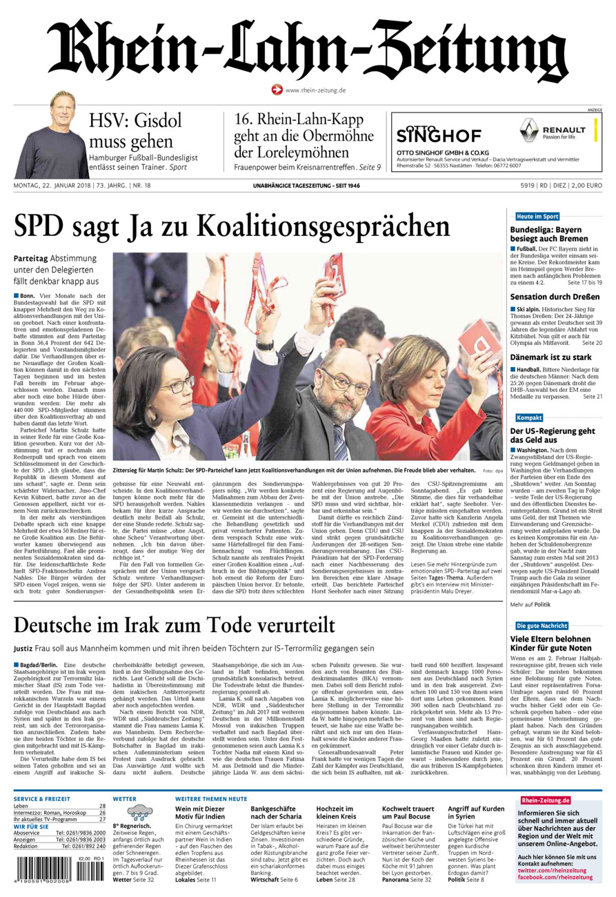 Rhein-Lahn-Zeitung Diez (Archiv) vom Montag, 22.01.2018