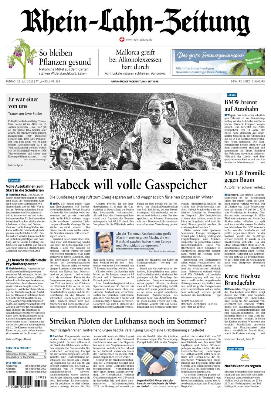 Rhein-Lahn-Zeitung Diez (Archiv) vom Freitag, 22.07.2022