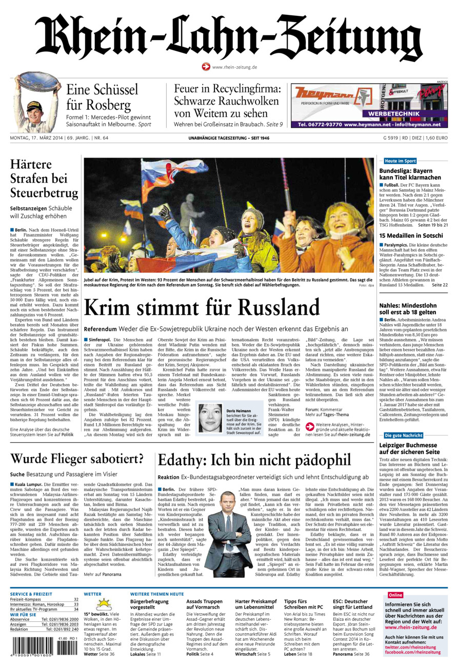Rhein-Lahn-Zeitung Diez (Archiv) vom Montag, 17.03.2014
