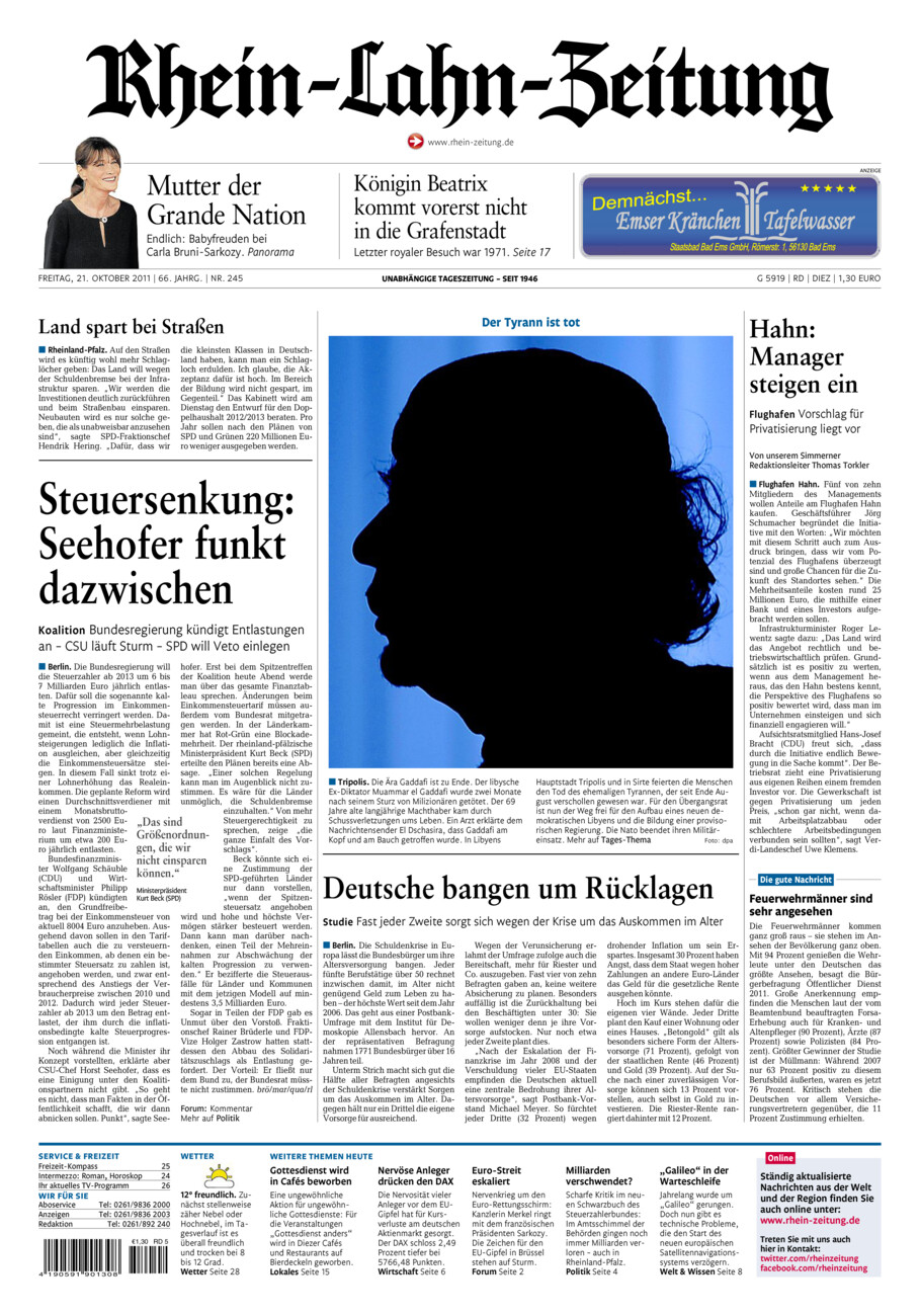 Rhein-Lahn-Zeitung Diez (Archiv) vom Freitag, 21.10.2011