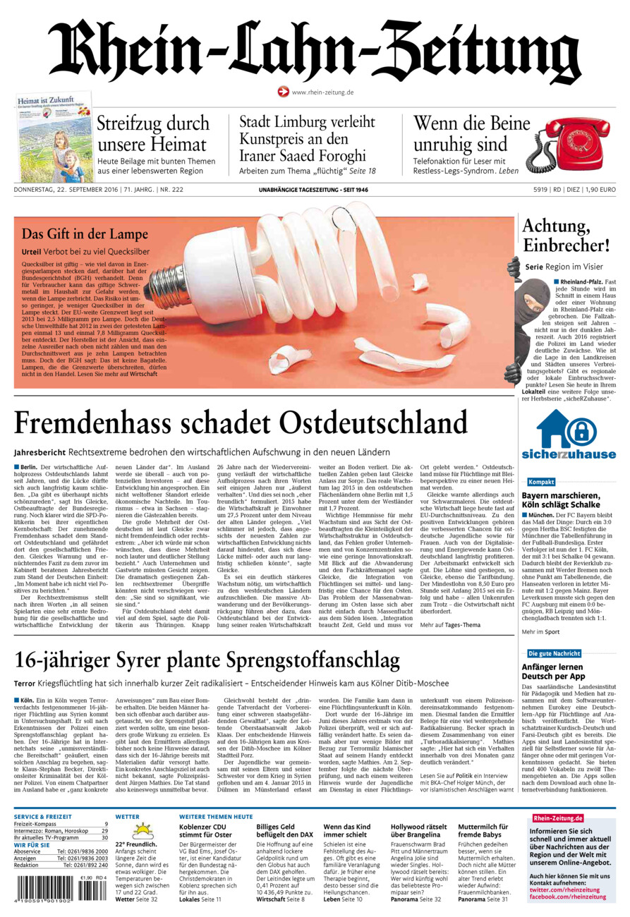 Rhein-Lahn-Zeitung Diez (Archiv) vom Donnerstag, 22.09.2016