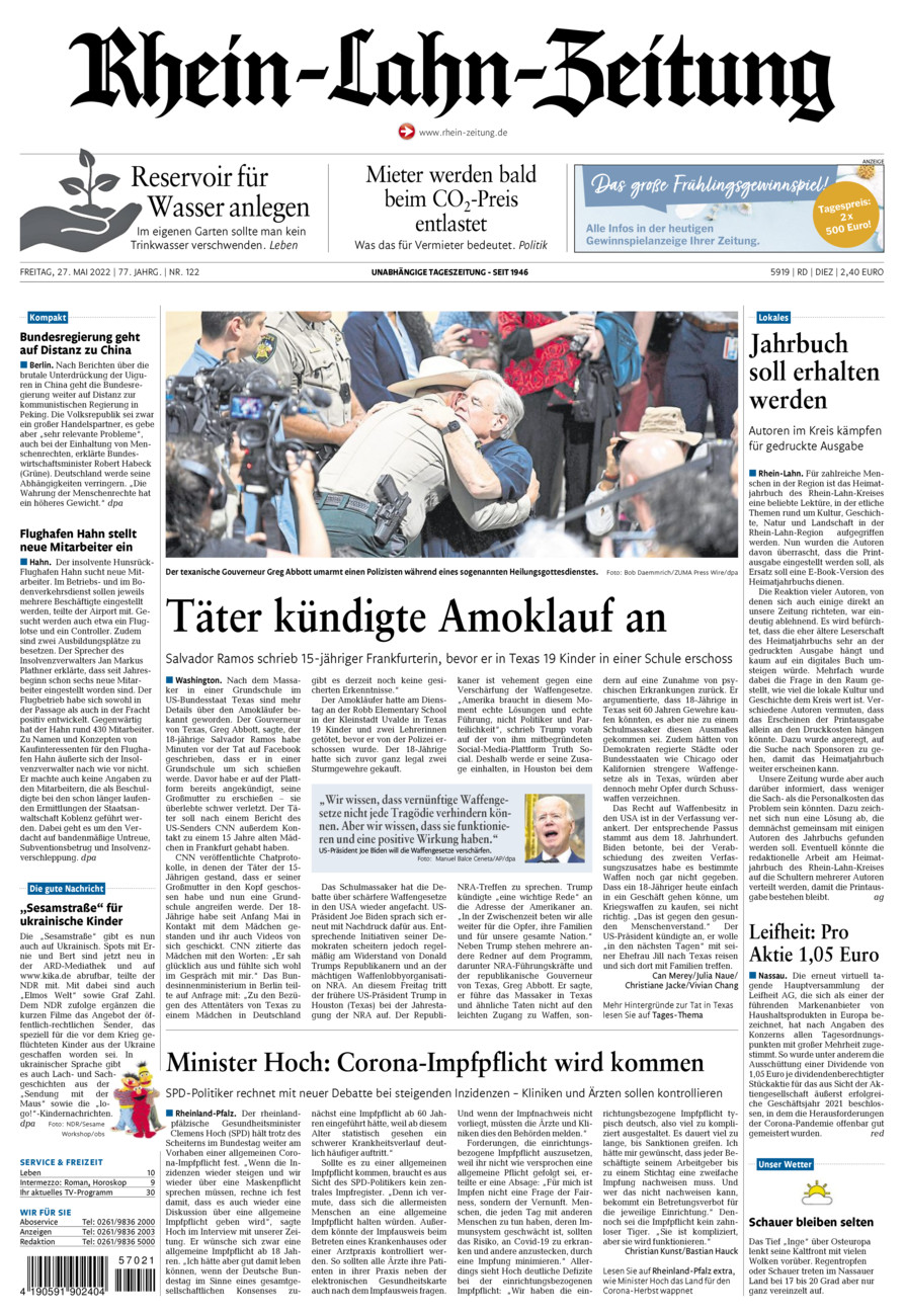 Rhein-Lahn-Zeitung Diez (Archiv) vom Freitag, 27.05.2022