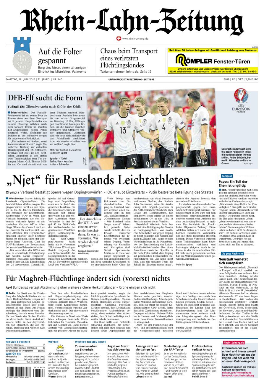 Rhein-Lahn-Zeitung Diez (Archiv) vom Samstag, 18.06.2016