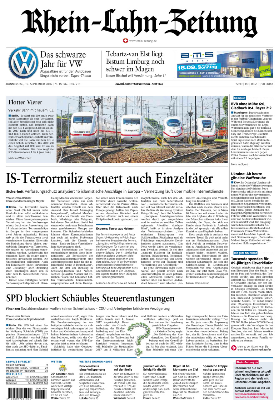 Rhein-Lahn-Zeitung Diez (Archiv) vom Donnerstag, 15.09.2016
