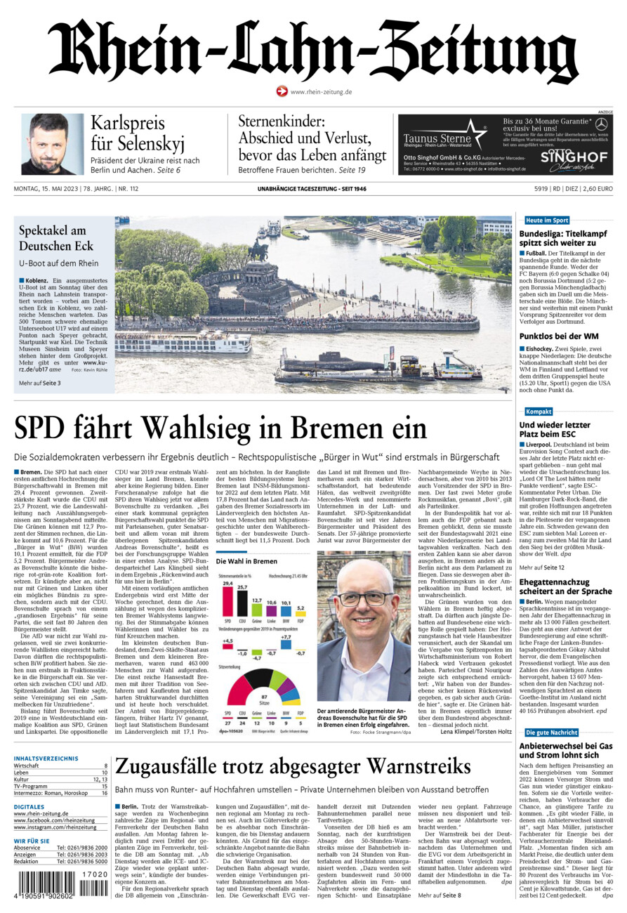 Rhein-Lahn-Zeitung Diez (Archiv) vom Montag, 15.05.2023