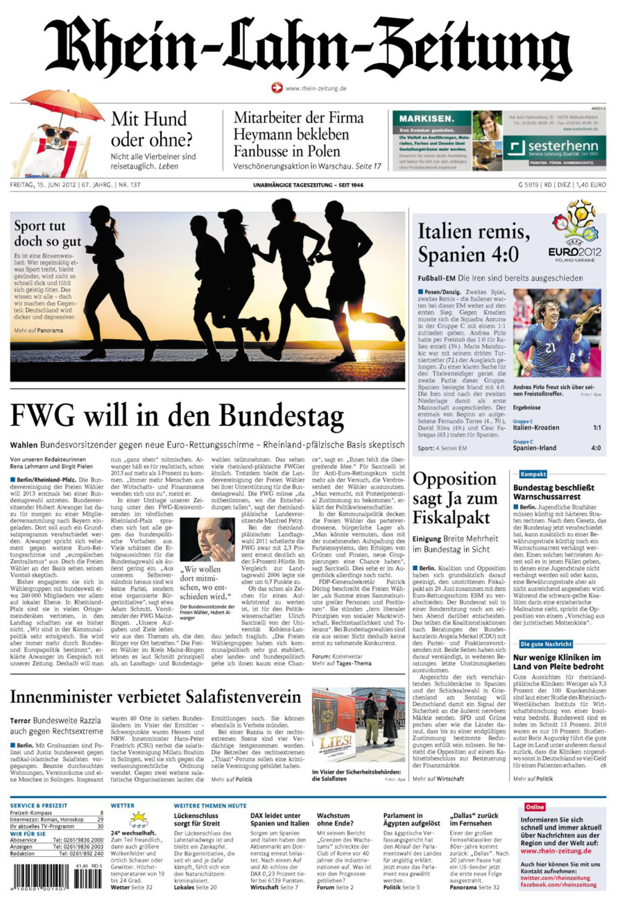 Rhein-Lahn-Zeitung Diez (Archiv) vom Freitag, 15.06.2012