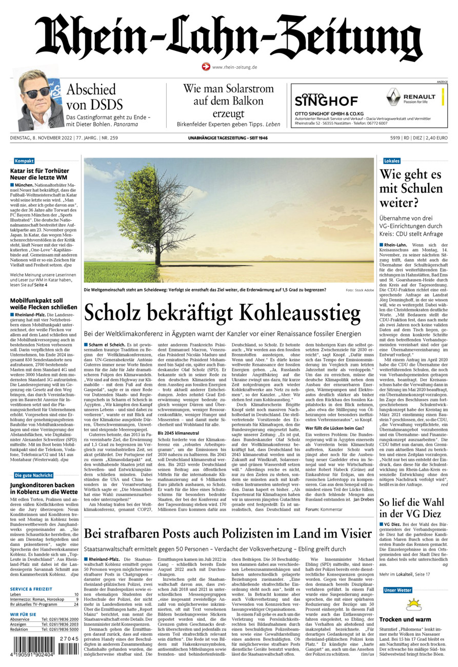 Rhein-Lahn-Zeitung Diez (Archiv) vom Dienstag, 08.11.2022