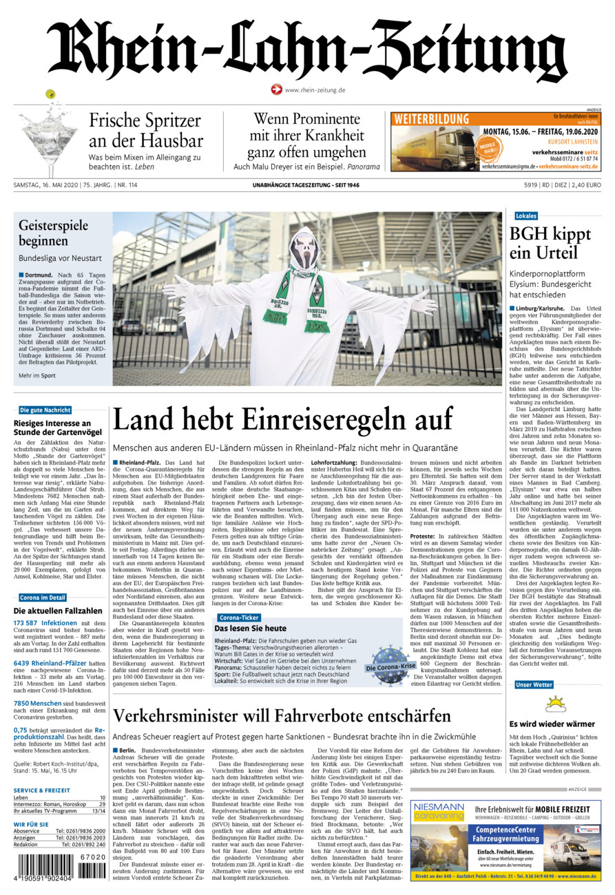 Rhein-Lahn-Zeitung Diez (Archiv) vom Samstag, 16.05.2020