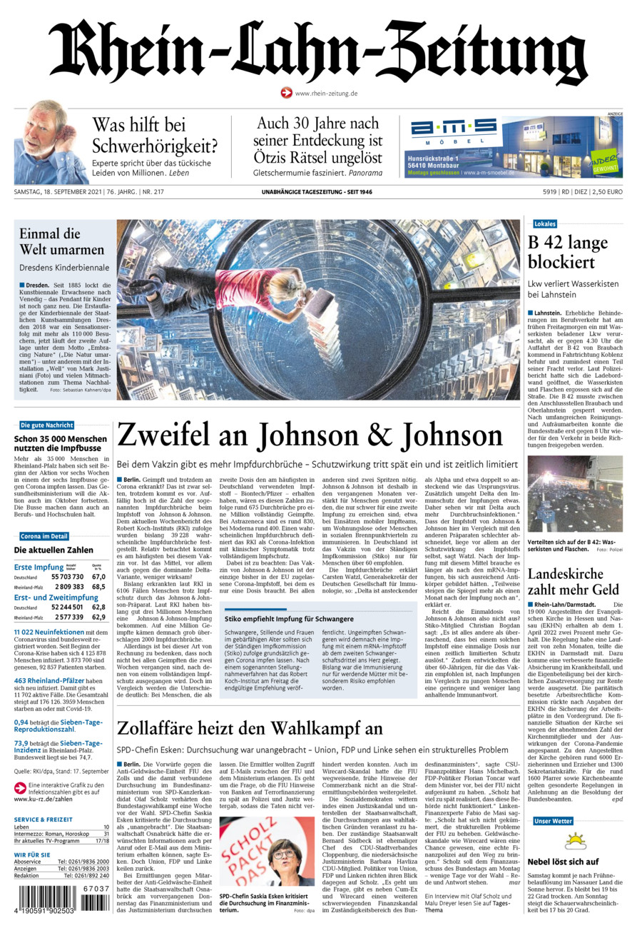 Rhein-Lahn-Zeitung Diez (Archiv) vom Samstag, 18.09.2021