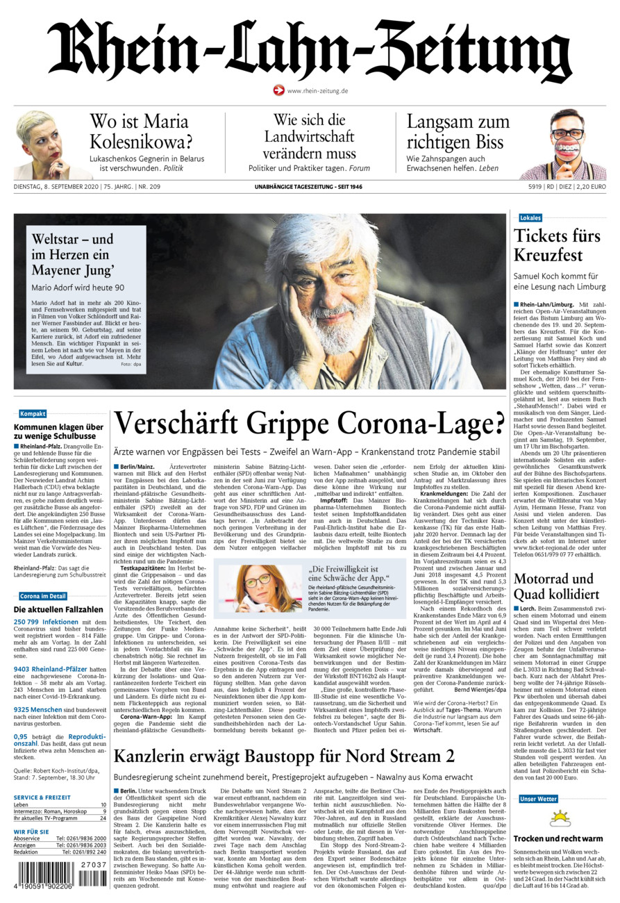 Rhein-Lahn-Zeitung Diez (Archiv) vom Dienstag, 08.09.2020