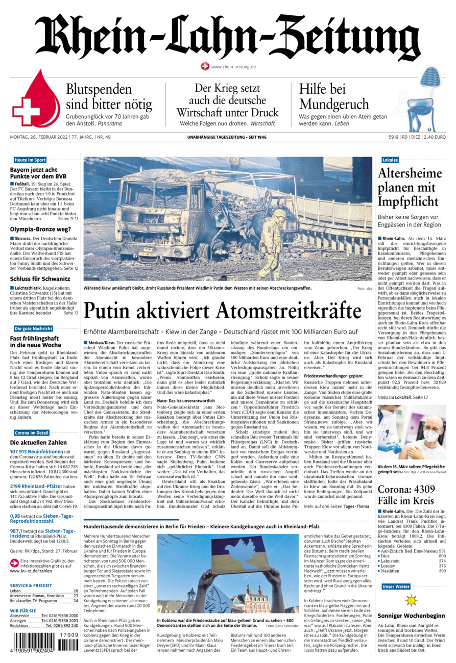 Rhein-Lahn-Zeitung Diez (Archiv) vom Montag, 28.02.2022