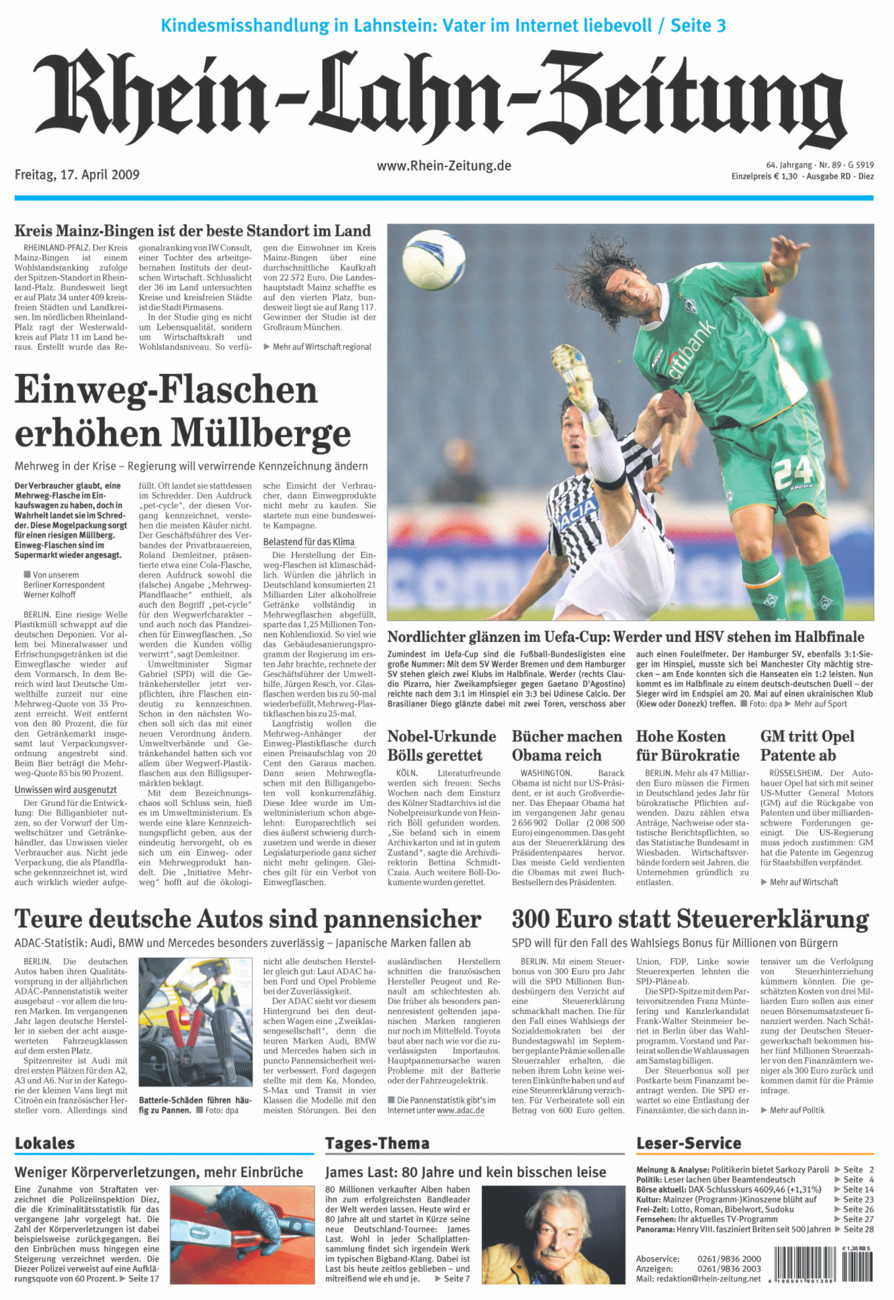 Rhein-Lahn-Zeitung Diez (Archiv) vom Freitag, 17.04.2009