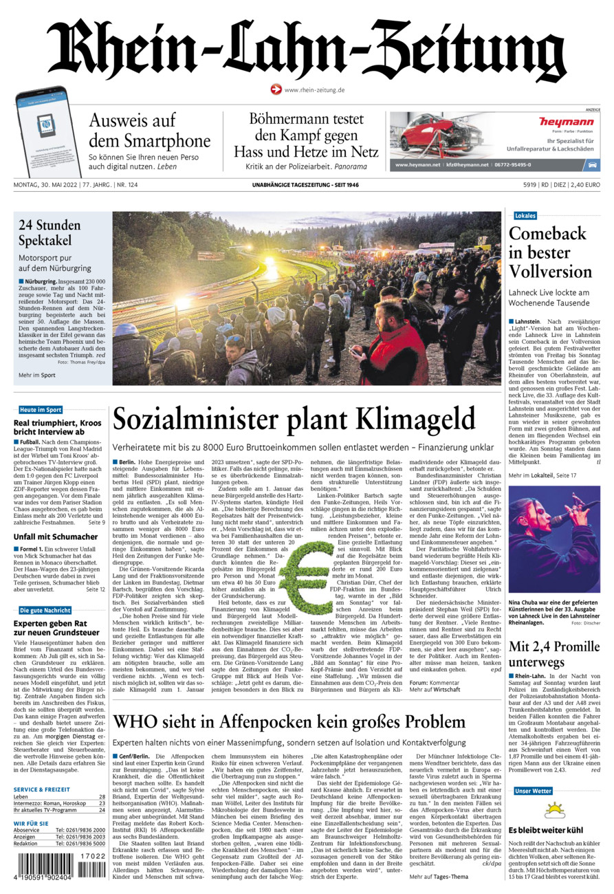 Rhein-Lahn-Zeitung Diez (Archiv) vom Montag, 30.05.2022