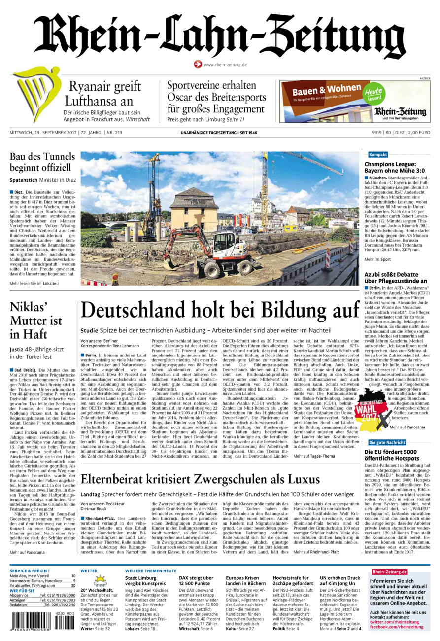 Rhein-Lahn-Zeitung Diez (Archiv) vom Mittwoch, 13.09.2017