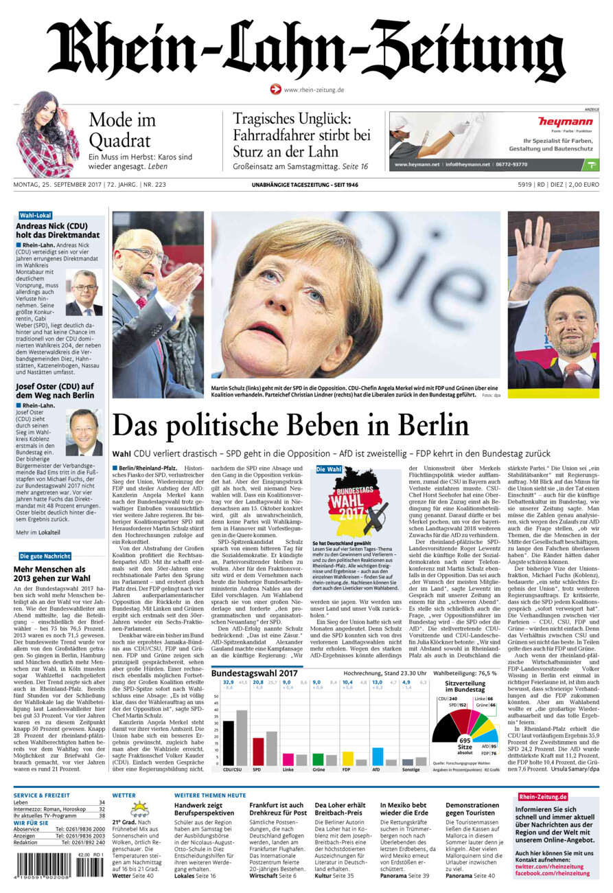 Rhein-Lahn-Zeitung Diez (Archiv) vom Montag, 25.09.2017