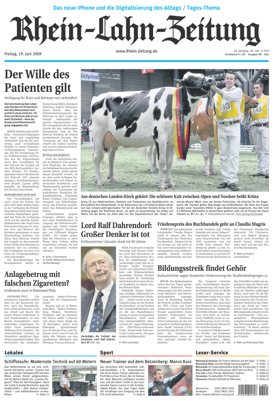Rhein-Lahn-Zeitung Diez (Archiv) vom Freitag, 19.06.2009